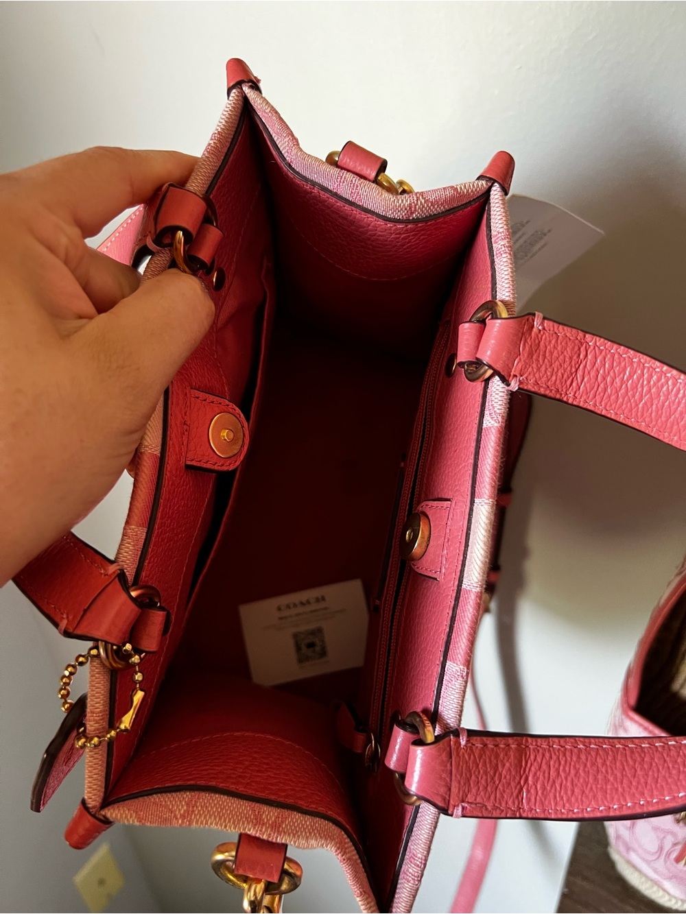COACH Pink Signature Logo Satchel with Striped Detail - Picture 4 of 6